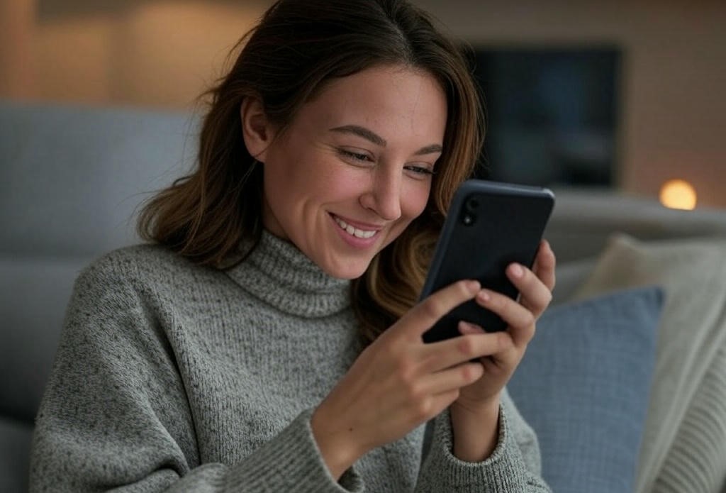 A Woman staring at her phone smiling, turn her on with sexting